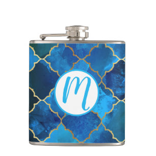 Sapphire Gemstone & Gold Moroccan Tile Pattern Hip Flask