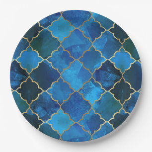 Sapphire Gemstone & Gold Moroccan Tile Pattern Paper Plate