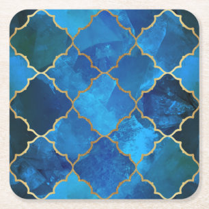 Sapphire Gemstone & Gold Moroccan Tile Pattern Square Paper Coaster