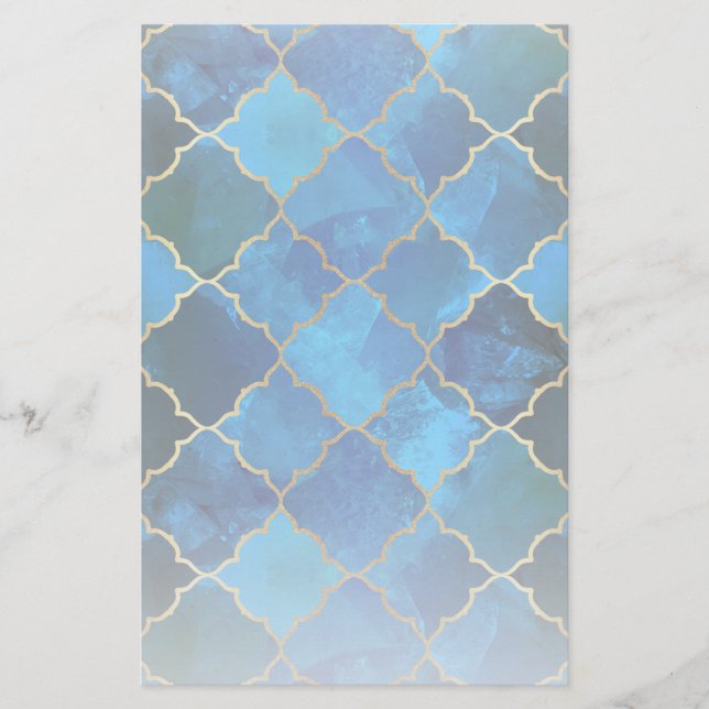 Sapphire Gemstone & Gold Moroccan Tile Pattern Stationery (Front)