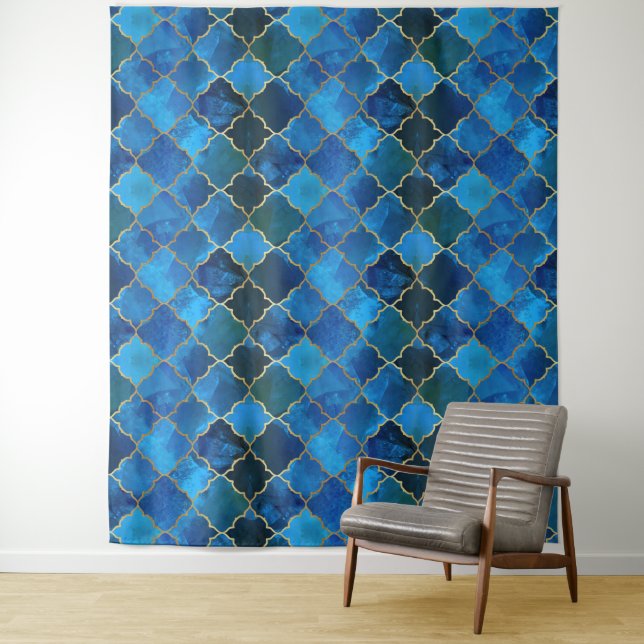 Sapphire Gemstone & Gold Moroccan Tile Pattern Tapestry (In Situ)