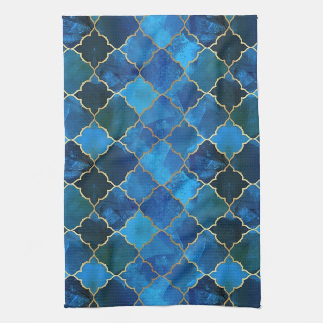 Sapphire Gemstone & Gold Moroccan Tile Pattern Tea Towel (Vertical)