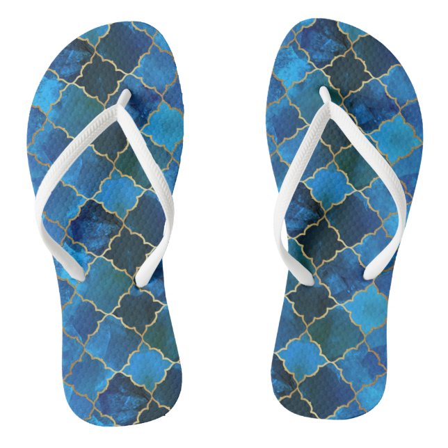 Sapphire Gemstone & Gold Moroccan Tile Pattern Thongs (Footbed)