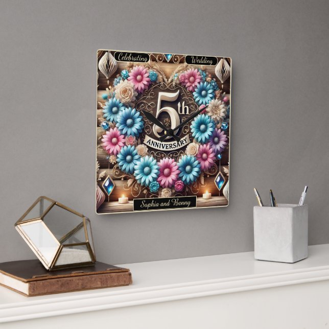 Sapphire Glow: 5th Anniversary Reflection Square Wall Clock (Office)