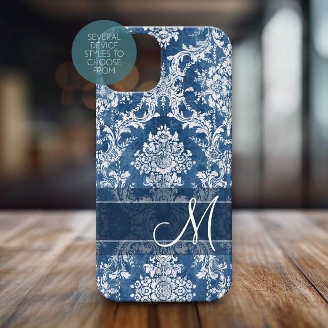Sapphire Grunge Damask Pattern with Monogram Case-Mate iPhone Case (Personalized Phone Case with Monogram)