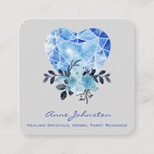 Sapphire Heart and Flowers Square Business Card (Front)