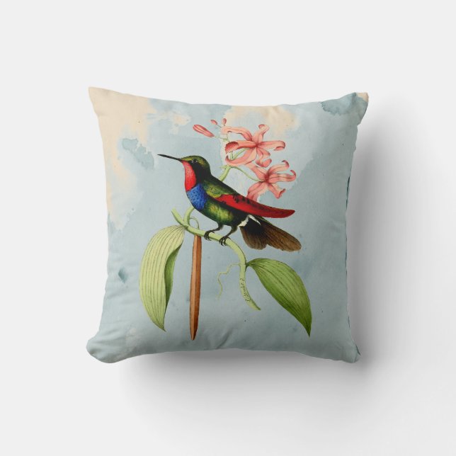 Sapphire Hummingbird Watercolor Throw Pillow (Front)