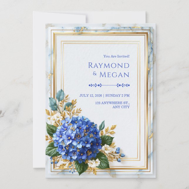 Sapphire Hydrangea Gold Foil Romance Wedding Invitation (Front)