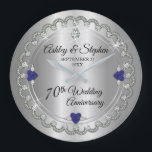 Sapphire Jubilee Diamonds 70th Wedding Anniversary Large Clock<br><div class="desc">Opulent elegance frames this 70th wedding anniversary design in a unique scalloped diamond design with centre teardrop diamond with heart-shaped sapphire accents and faux added sparkles on a silver-tone gradient. Please note that all embellishments are printed and are only made to appear as real as possible in a flat, printed...</div>