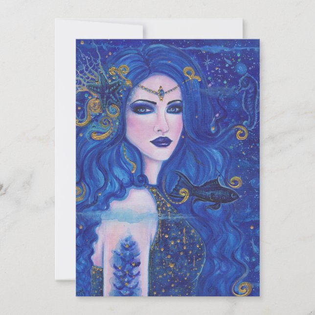 Sapphire Mermaid with gold accents by Renee Lavoie Holiday Card (Front)