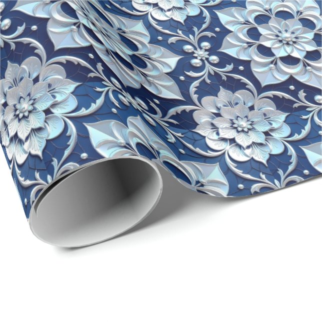 Sapphire Pearl Silver Blue w/ Scrollwork Gift Wrap (Roll Corner)