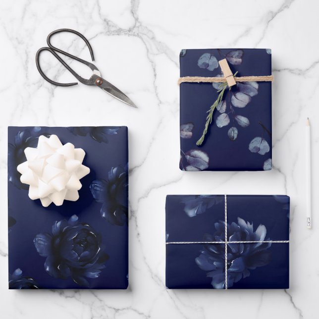 Sapphire Peony Wedding Wrapping Paper Sheet (Front)
