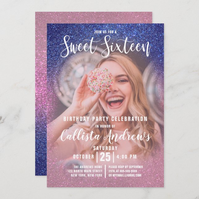 Sapphire Pink Triple Glitter Ombre Photo Sweet 16 Invitation (Front/Back)