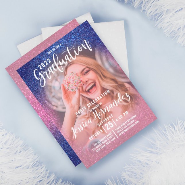 Sapphire Pink Triple Glitter Photo Graduation Invitation (Creator Uploaded)
