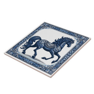 Sapphire Stallion: Botanical Grace Ceramic Tile
