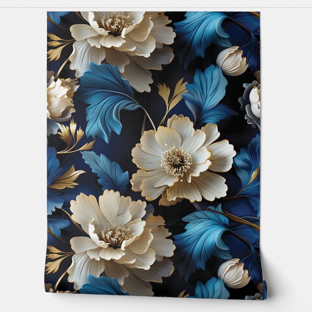 Sapphire Starlit Symphony Botanical Wallpaper (Unrolling)