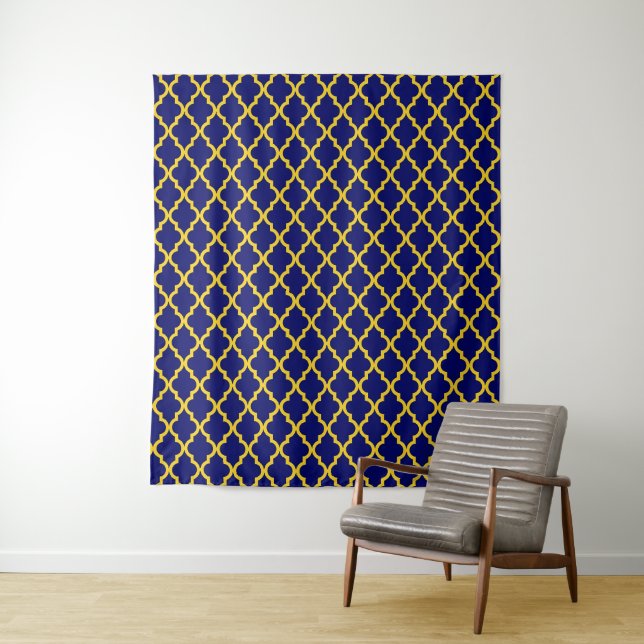 Sapphire Sun: Blue & Yellow Boho Moroccan Elegance Tapestry (In Situ)