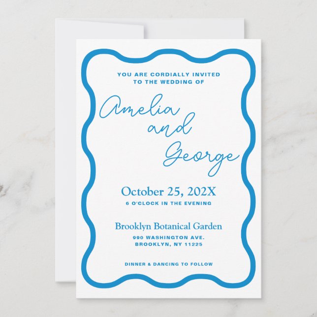 Sapphire Wavy Retro Wedding Photo Invitation (Front)