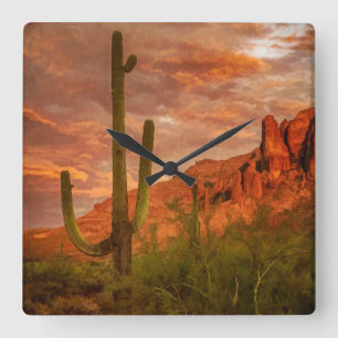 Saquaro Cactus Superstition Mountain Sunset Square Wall Clock