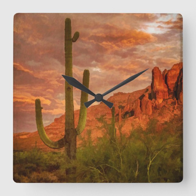 Saquaro Cactus Superstition Mountain Sunset Square Wall Clock (Front)
