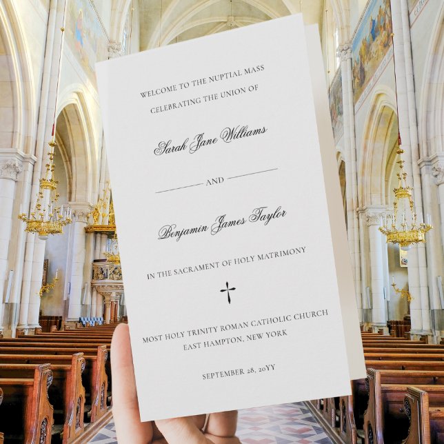 Sarah Full Mass Folded Catholic Wedding Program (This elegant Catholic wedding program features a classic script font & text for a full nuptial Mass.)