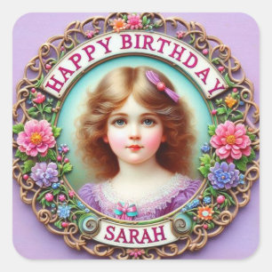 SARAH ~ HAPPY BIRTHDAY ~ Vintage Girl ~ Square Sticker