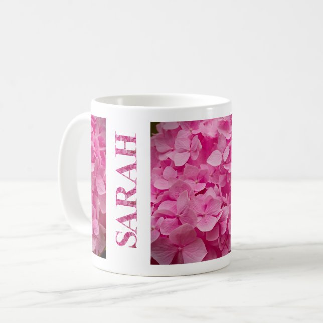 "Sarah" Pink Spring Hydrangea Floral Lettering Art Coffee Mug (Front Left)