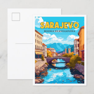 Sarajevo Bosnia vintage travel illustration Postcard