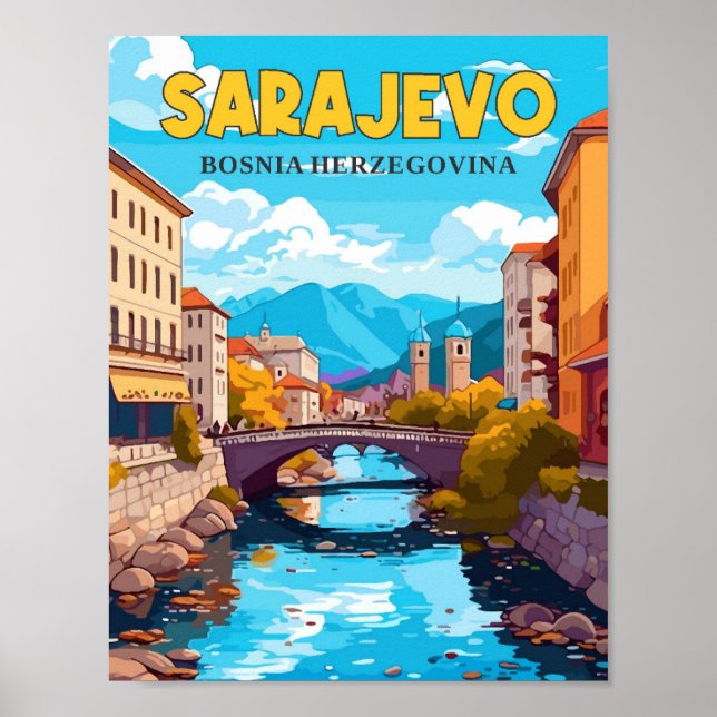 Sarajevo Bosnia vintage travel illustration Poster (Front)