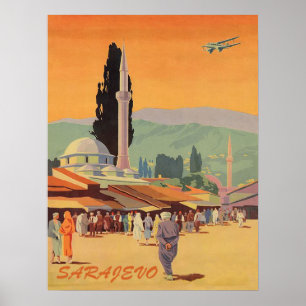 Sarajevo city downtown, Bosnia, vintage travel Poster