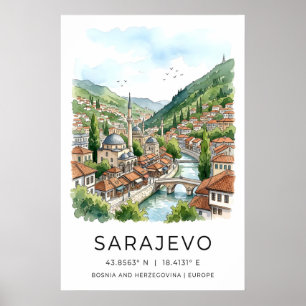 Sarajevo Watercolor Print, Cityscape with Mosque Poster