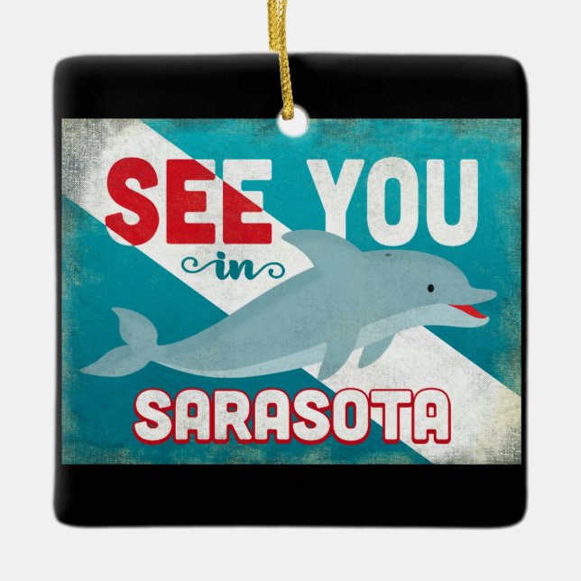 Sarasota Dolphin - Retro Vintage Travel Ceramic Ornament (Front)