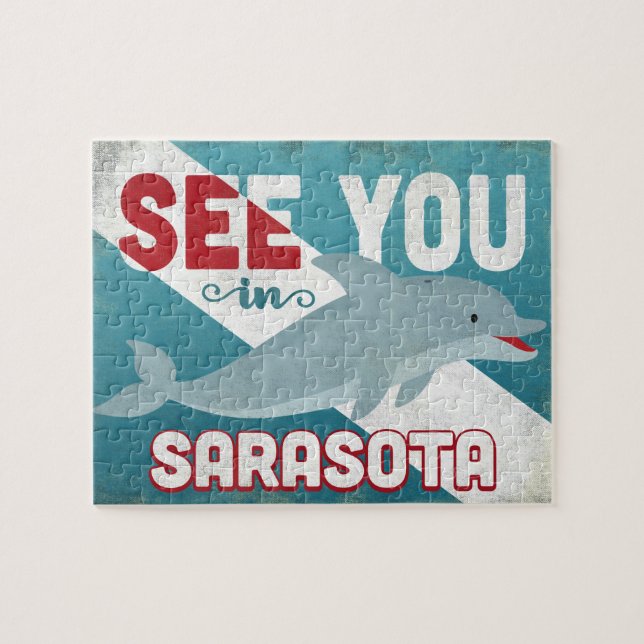 Sarasota Dolphin - Retro Vintage Travel Jigsaw Puzzle (Horizontal)
