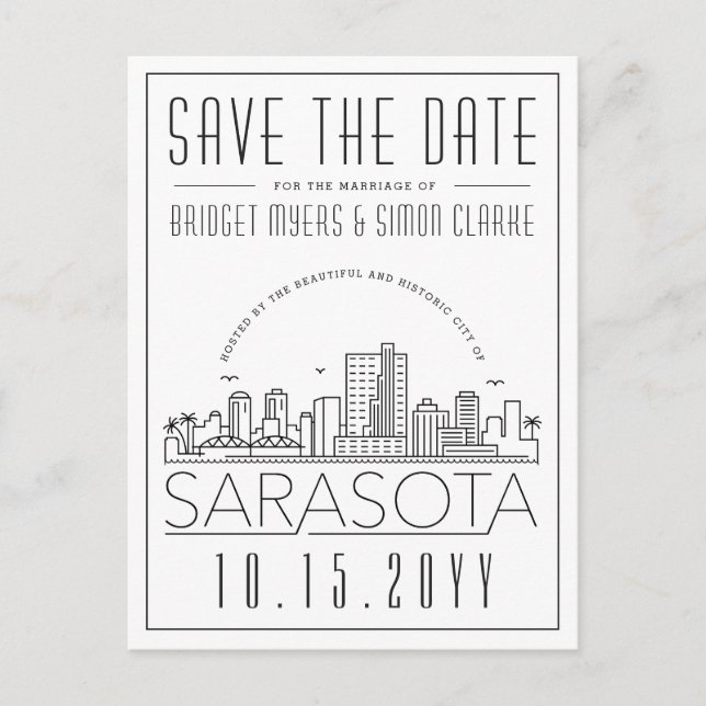  Sarasota Wedding | Stylised Skyline Save the Date Postcard (Front)