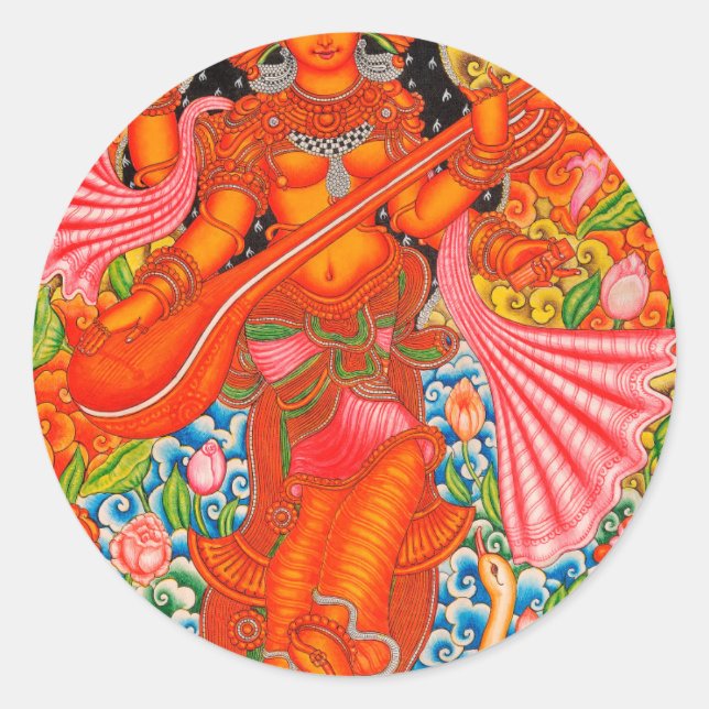 SARASWATI HINDU GODDESS OF LEARNING TANJORE CLASSIC ROUND STICKER (Front)