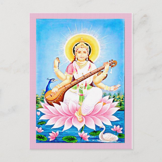Saraswati Sitting on Pink Lotus Postcard (Front)