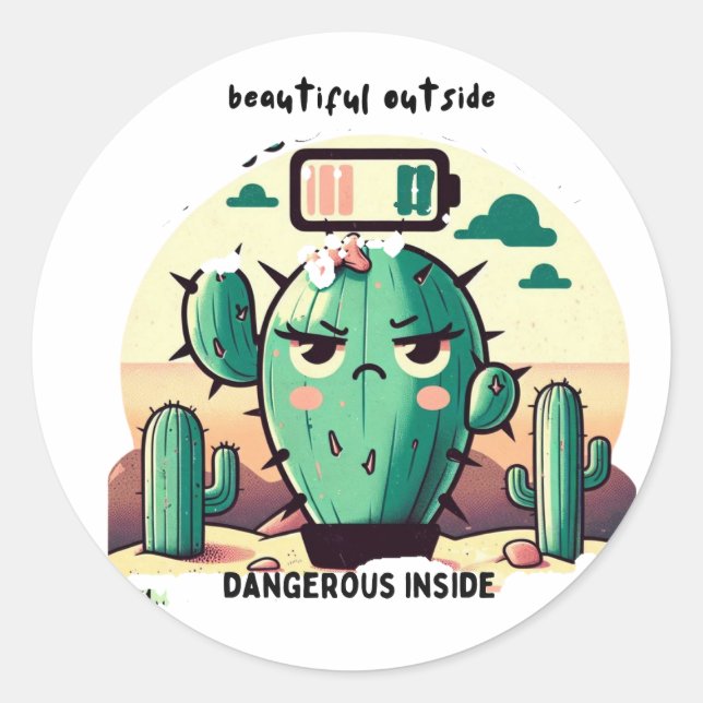 Sarcastic Cactus with Low Battery Classic Round Sticker (Front)