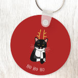 Sarcastic Christmas Cat Key Ring<br><div class="desc">A funny sarcastic,  annoyed and unenthusiastic black and white tuxedo cat with Christmas antlers.  Ho ho ho etc.
Great as a stocking filler.
Change the text or remove it to personalise further.</div>