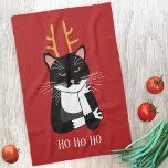 Sarcastic Christmas Cat Tea Towel<br><div class="desc">A funny sarcastic,  annoyed and unenthusiastic black and white tuxedo cat with Christmas antlers.  Ho ho ho,  and all that stuff.
Change the text or remove it to personalise further.</div>