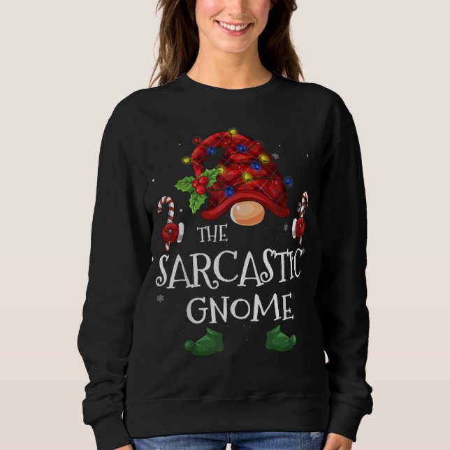 Sarcastic Gnome Buffalo Plaid Christmas Tree Light Sweatshirt (Front)