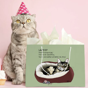 Sarcastic Lazy Tabby Cat Humour Sage Green Large Gift Bag