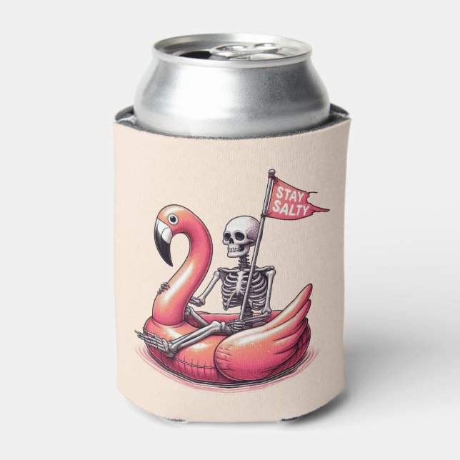 Sarcastic Skeleton on Flamingo - Stay Salty Can Cooler (Can Front)