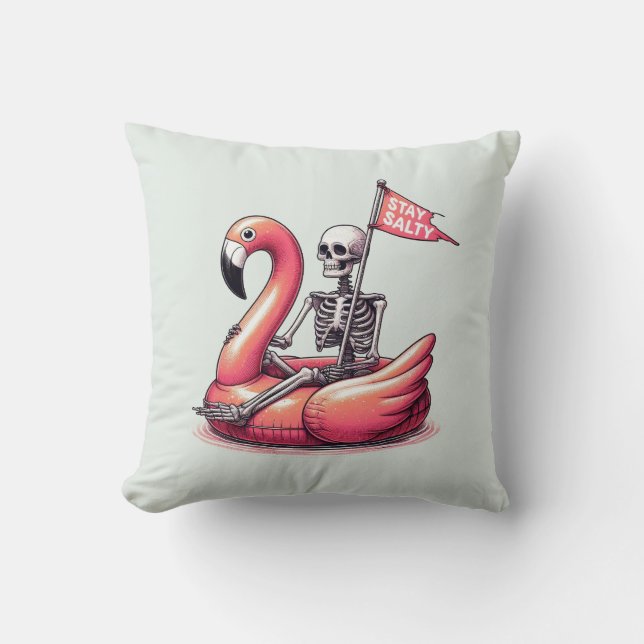 Sarcastic Skeleton on Flamingo - Stay Salty Cushion (Front)