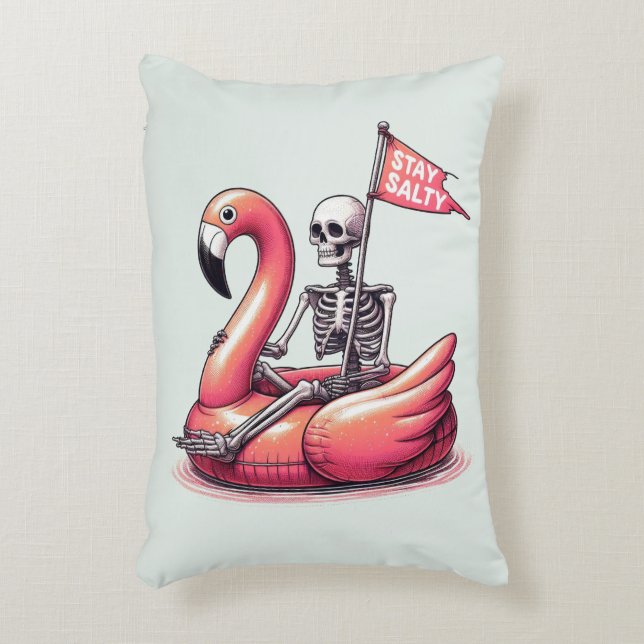 Sarcastic Skeleton on Flamingo - Stay Salty Decorative Cushion (Front(Vertical))