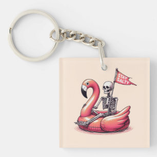 Sarcastic Skeleton on Flamingo - Stay Salty Key Ring