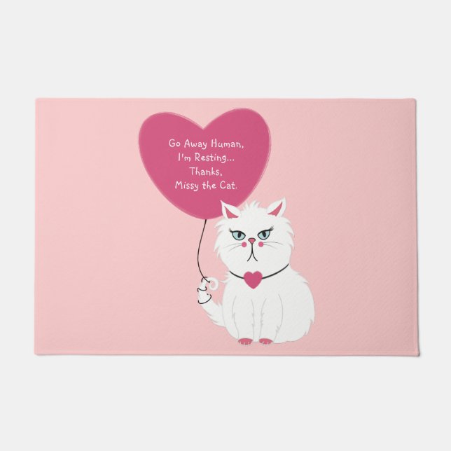 Sarcastic White Cat Funny Custom Go Away Pink Doormat (Front)