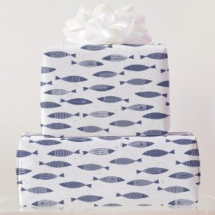 Sardine Fish Navy Blue White Coastal Wrapping Paper