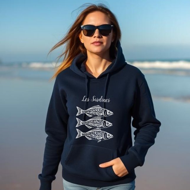 Sardines-Blue Hawaiian Hoodie (Les Sardines Hawaiian Tribal Pattern, Trending Fisherman Style Fashion Summer Beach Coastal)