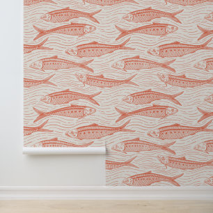 Sardines in Motion in coral and off white Wallpaper