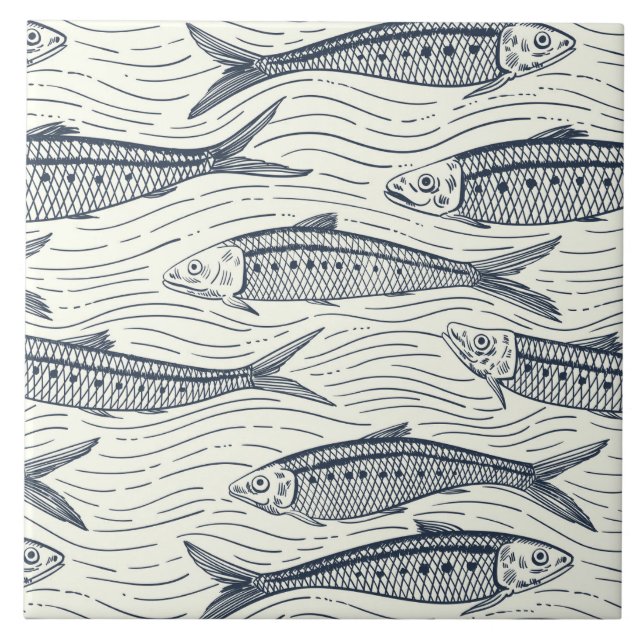 Sardines in Motion in navy and ivory Ceramic Tile (Front)